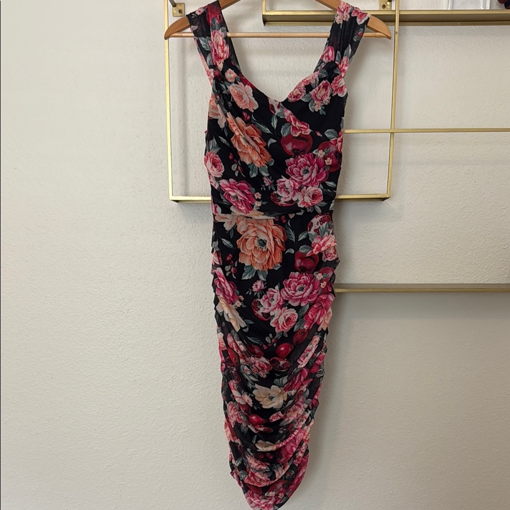 Express Pink and Black Ruched Bodycon Midi Dress